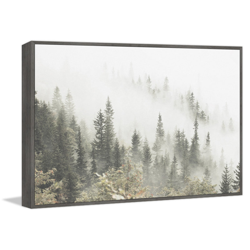 Pins et brouillard - Peinture sur toile, Toile grise avec cadre flottant, Aucun mat, L 18 po x H 12 po x P 1,5 po