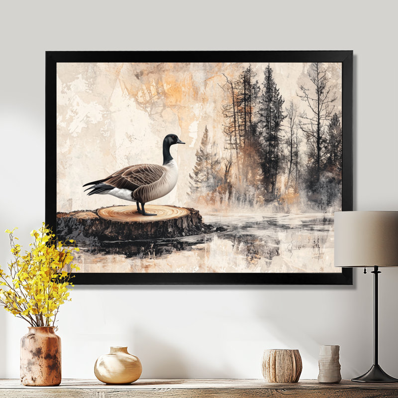 Oie d'automne par le lac en bois II - oie, art mural, Cadre simple, Noir, H 12 po x l 20 po