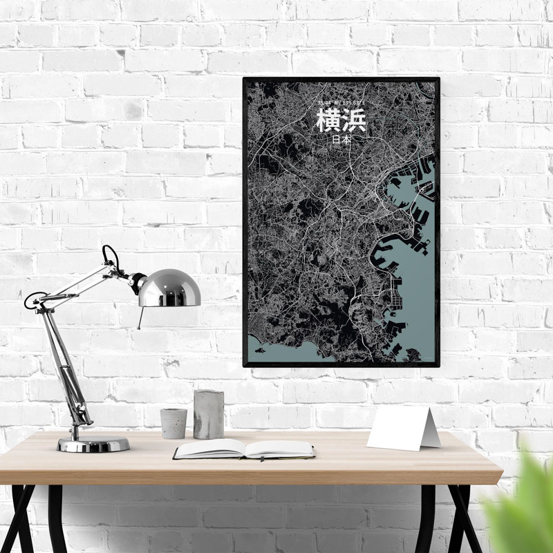 Yokohama (japonais), impression de carte de la ville, H 36 po x l 24 po, Gris / noir
