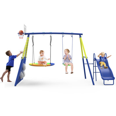 SENCHO GINSYTALIOR Swing Set for Kids Outdoor Swing Sets Heavy-Duty Metal Swing Set with Slide Backyard Swing Set Holds Up to 440lbs for Ages 3-8
