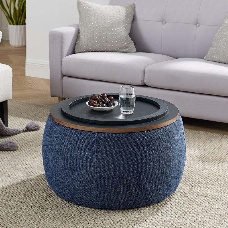 Mylo Upholstered Drum Coffee Table with Storage and Wood Top, Navy, Brown Wood