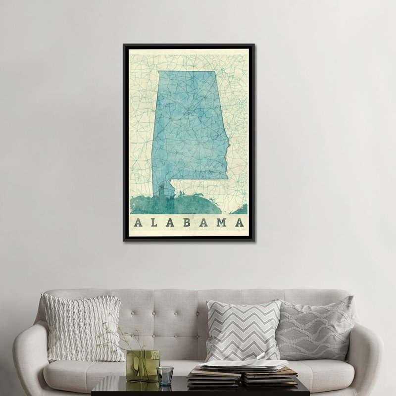 «Alabama Map», impression sur toile, Toile avec cadre noir, H 48 po x l 32 po x P 1,5 po, Pas de tapis