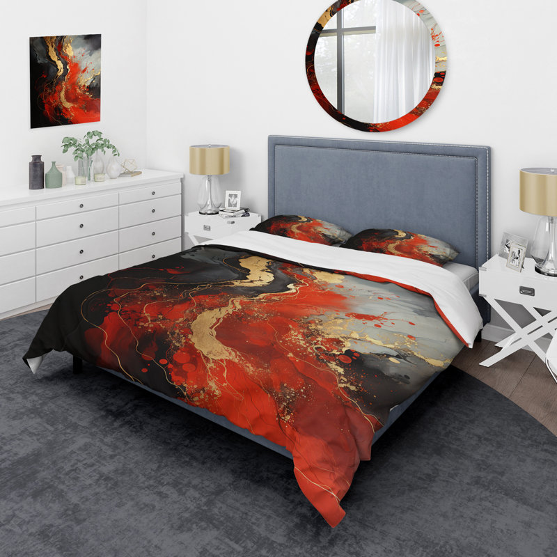 Volcano en marbre rouge et doré - ensemble de housse de couette peinture abstraite