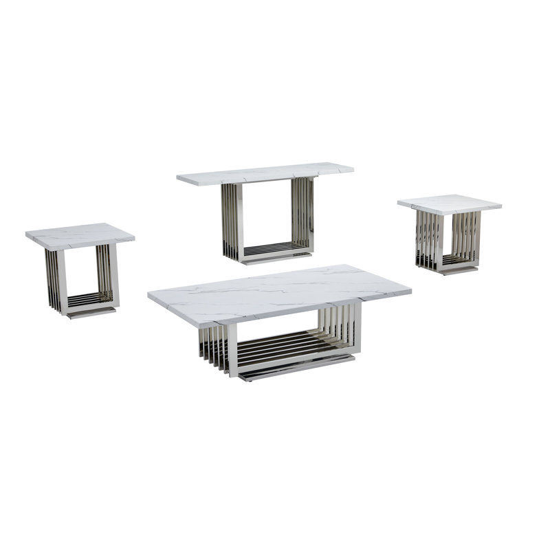 White Marble and Silver Stainless Steel 4-Piece Coffee Table Set