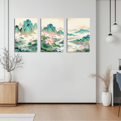 Fleurs de lotus et montagnes, ensemble de 3 reproductions d'art sur toile tendues sur toile