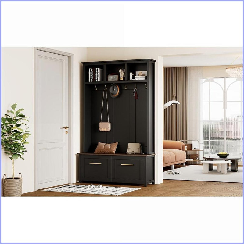 Arbre d'entrée 4-en-1 avec banc, 6 crochets, 2 tiroirs et amp; Rangement - noir / brun - H 76,6 po | Noir | Panneau de particules