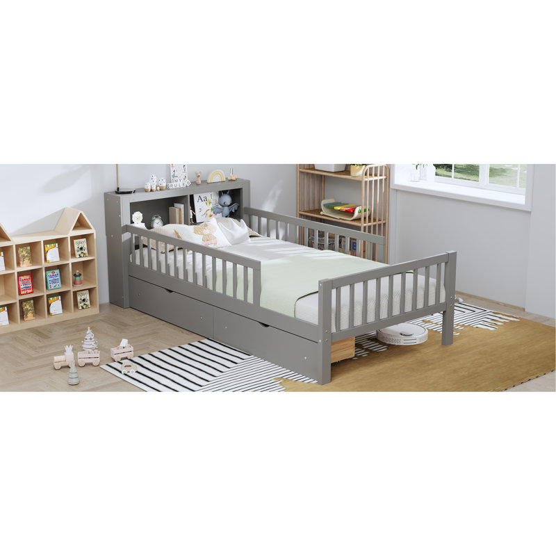 Lit avec support de tête de lit, deux tiroirs sous le lit, trois garde-corps latéraux pour plus de sécurité, Gris