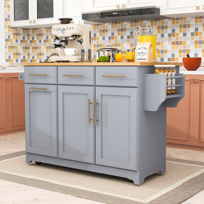 Rolling Kitchen Island with Drop Leaf, Pull-Out Organizers, Charging Ports and Trash Can Cabinet