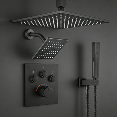Thermostatic Shower System, Ceiling Mount 12 Inch Shower Head With 6 Inch Wall Mount Shower Head
