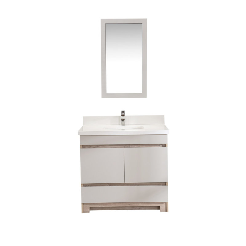 Ensemble de meuble-lavabo simple 35,4 po avec miroir Lambard, Chêne / blanc