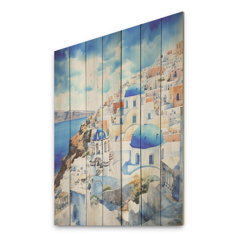 «Greek Isles Santorini Village Dreams III - Grèce sur bois», H 20 po x l 10 po