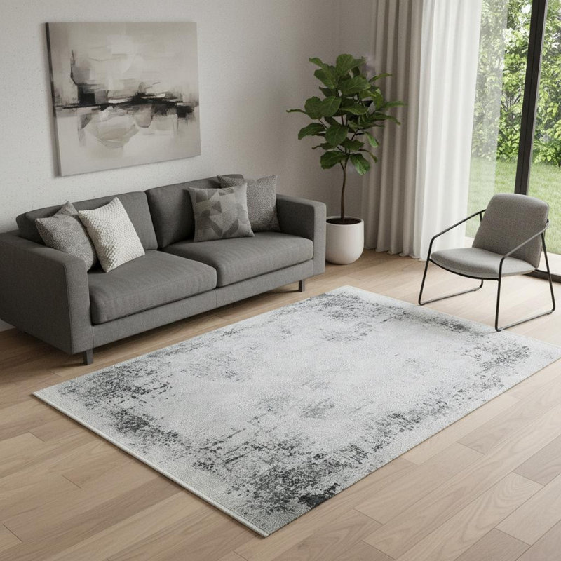 Tapis abstrait gris et blanc 5 pi x 8 pi avec franges