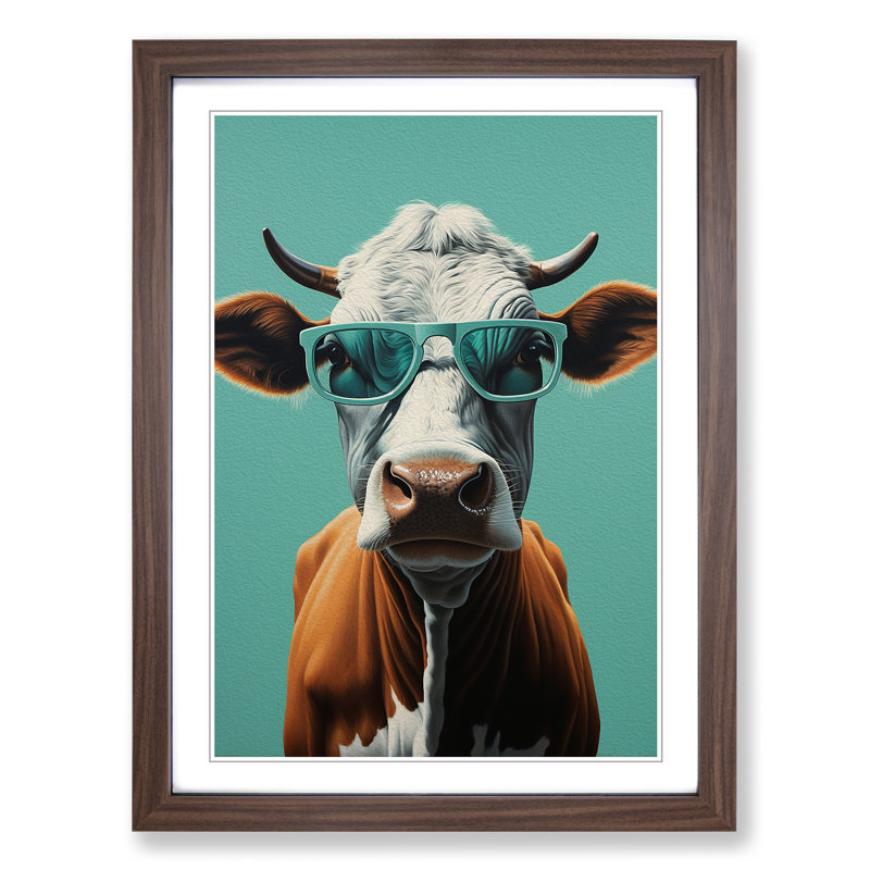 Cow With Glasses Painting Framed Print, 46cm H x 34cm W, Walnut Framed