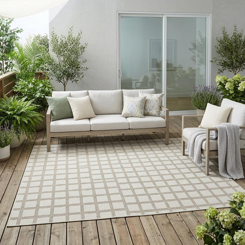 Tapis d'intérieur / extérieur géométrique crème et beige 5 pi x 7 pi