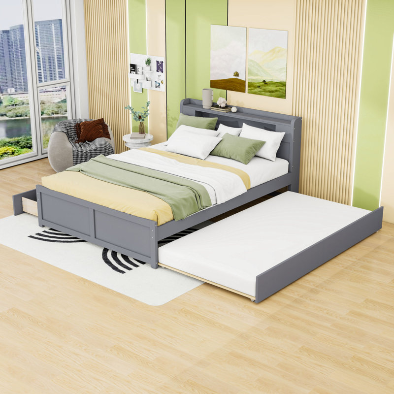 Grand lit plateforme en bois avec lumière DEL, 2 tiroirs et lit gigogne simple TG, Gris