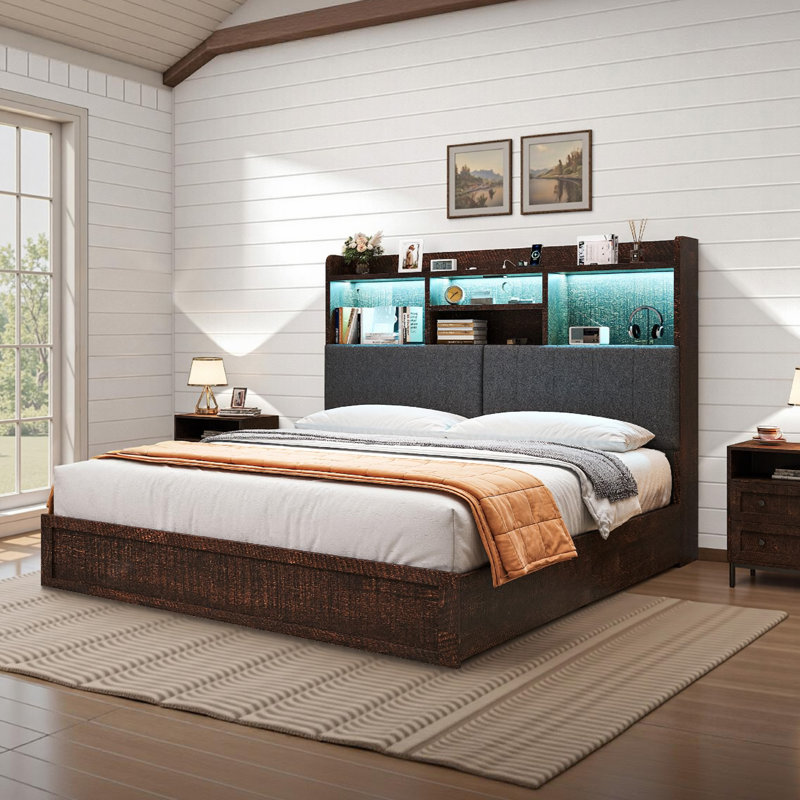 Ivy Bronx Farmhouse King Bed with LED Bookcase Headboard, 4 Storage Drawers & Charging Station, Rustic Brown, Rustic Brown
