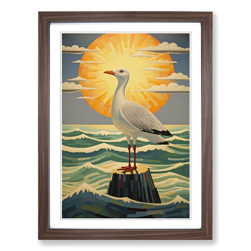 Seagull Art Deco No.2 - Single Picture Frame Print on Wood, 64cm H x 46cm W x 2cm D, Walnut