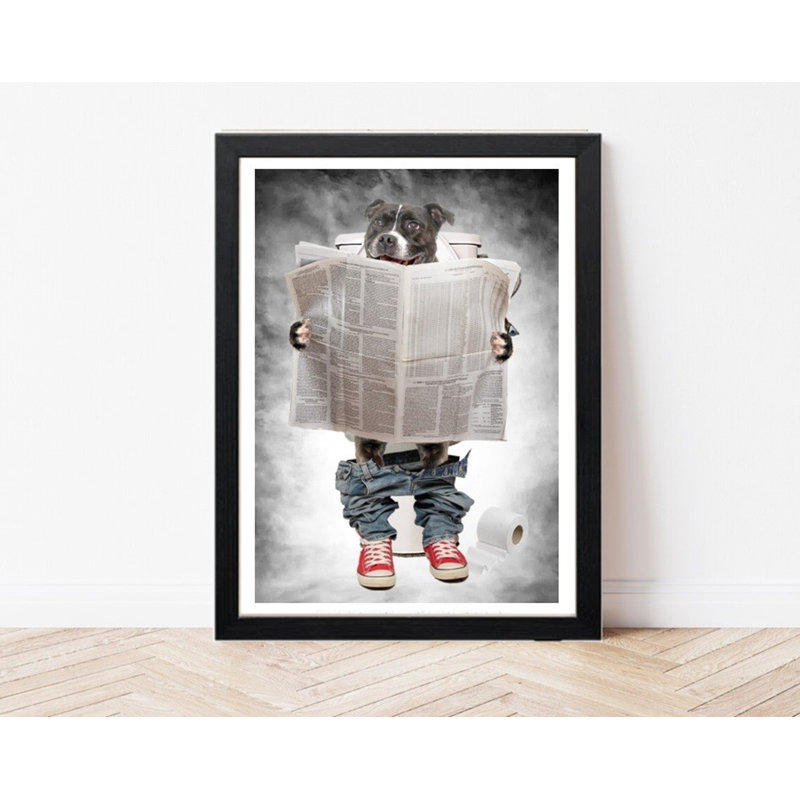 Staffy On Toilet - Funny Bathroom Print - Dog Picture Wall Art