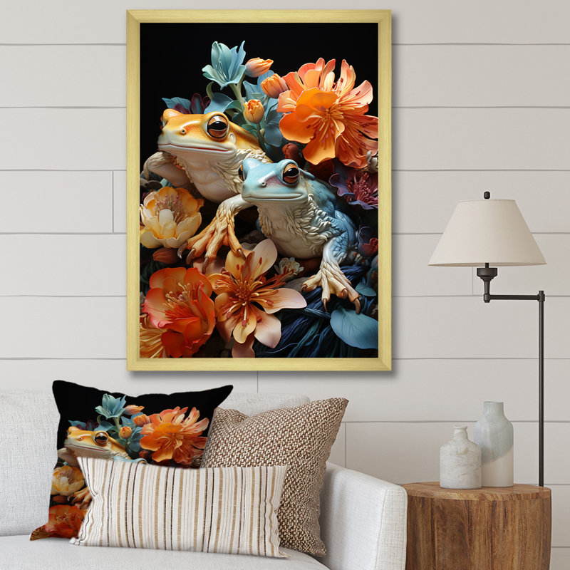 «Couple Toads At The Night II», reproduction sur toile, Cadre doré simple, H 32 po x l 24 po x P 1 po