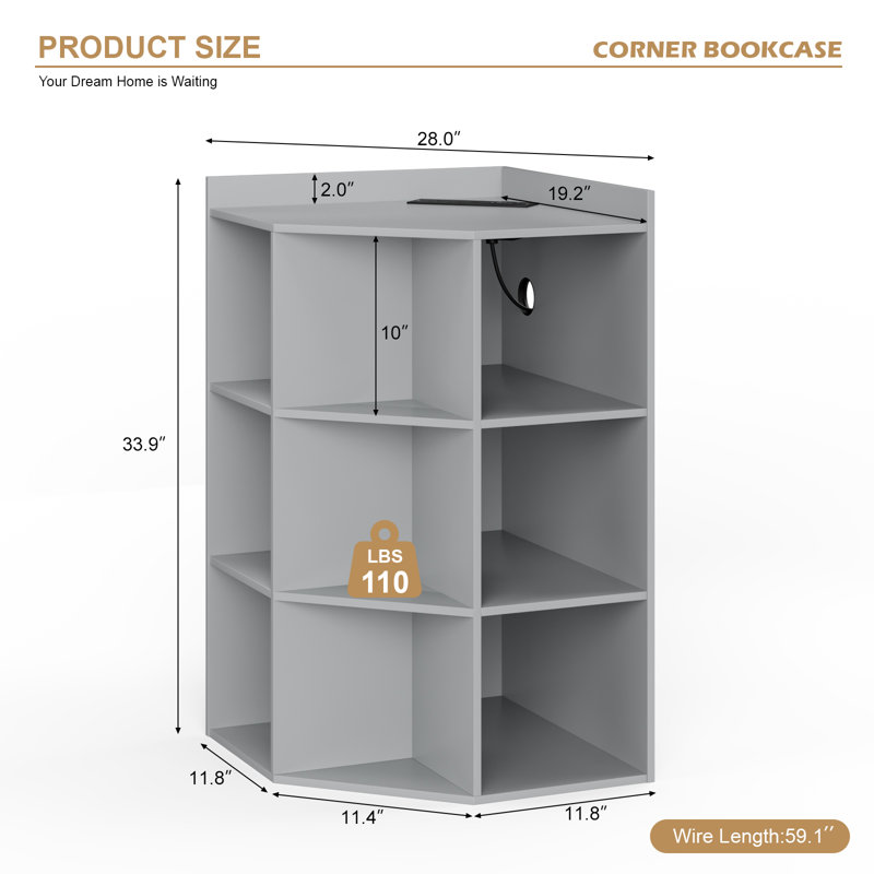 Modern Corner Bookshelf with Charging Station– Space-Saving Wooden Corner Cabinet for Small Space, Playroom, Living Room