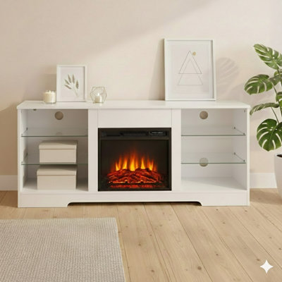 Console média électrique pour foyer électrique avec tablettes en verre, système de divertissement à feu 3D en bois avec port USB, pouvant accueillir des téléviseurs de 32 à 62 pouces, finition blanche, dimensions l 58 po x P 15,4 po x H 24,4 po