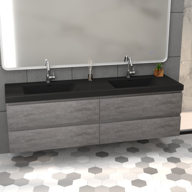 wall mounted bathroom vanity with 2 resin engineered stone sinks,2 doors with soft-close 90° hinges,2 drawers with hidden soft-close slides,Excludes faucet & drainage