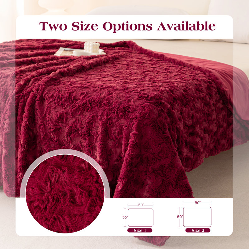 Jeté / couverture en fausse fourrure brossée, L 60 po x L 80 po, Rouge vin