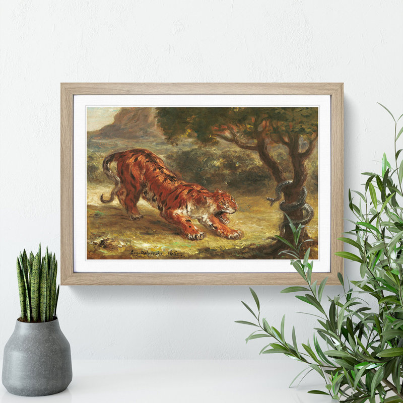 Tiger and Snake by Eugene Delacroix - Picture Frame Painting on MDF, Oak, 36cm H x 48cm W x 2cm D