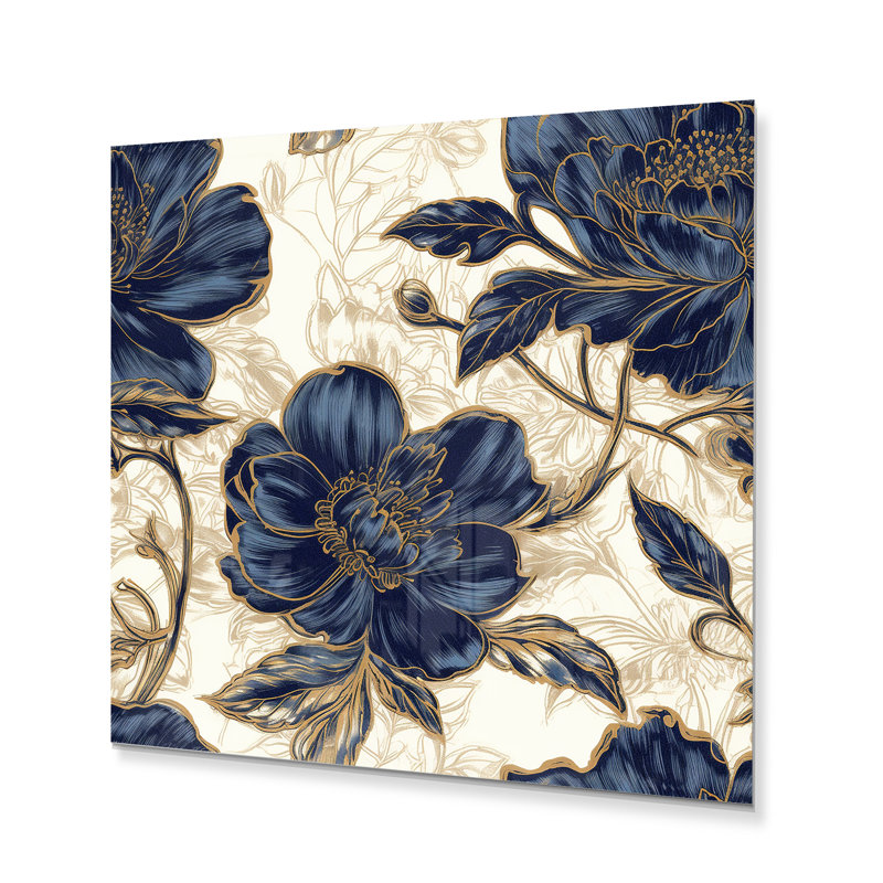 Décoration murale pivoines bleues et dorées en métal célébration VII, H 23 po x l 23 po x P 1 po
