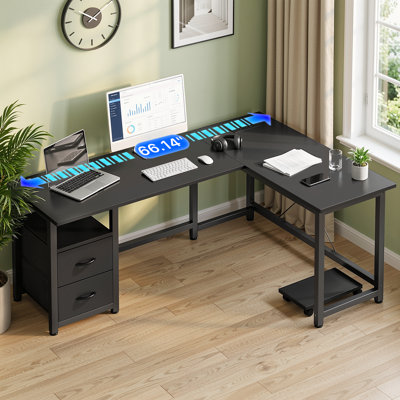 Bureau d'ordinateur de 66 po, bureau de coin en forme de L avec tiroir classeur, grand bureau à domicile