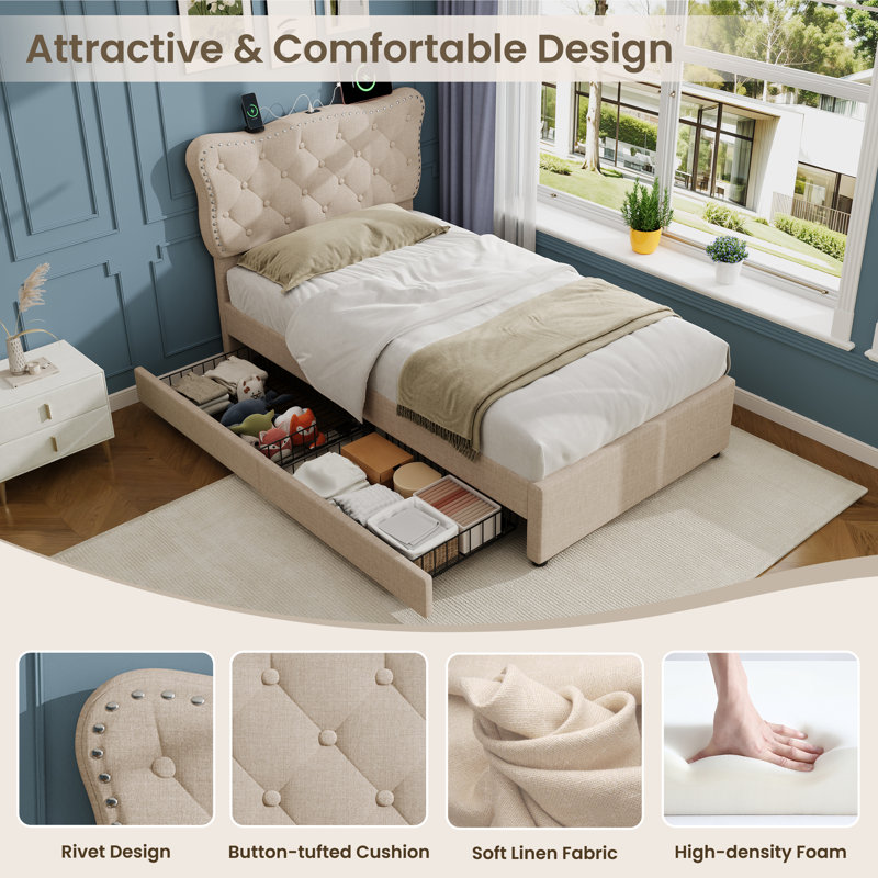 Upholstered Storage Bed, Beige