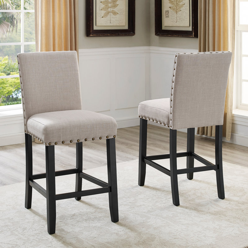 Carliana Fabric Counter Height Stools with Nailhead Trim, Set of 2, Tan, Counter Stool (25" Seat Height)