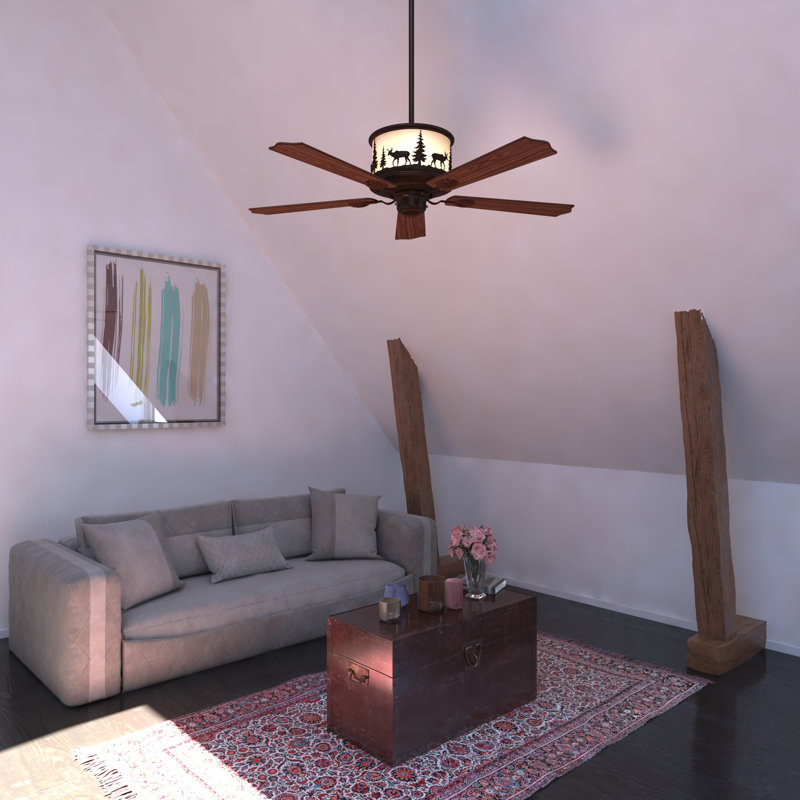 Josefina 56 in. Burnished Bronze Indoor Rod Mount Rustic Ceiling Fan with Reversible Rosewood-Dark Walnut Blades, LED Lighted Wildlife Motor Housing and Remote Control Included, 3 Speeds,  AC Motor