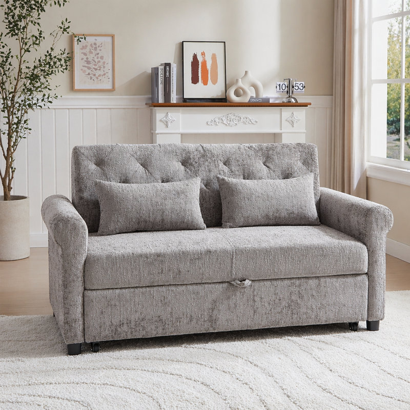 Canapé-lit moderne capitonné gris, Tissu gris; velours