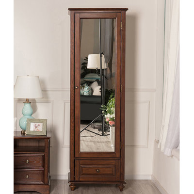 Vintage Wood Mirrored Jewelry Armoire Cabinet with Drawer for Bedroom Closet Home Storage Decor