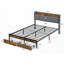 Cadre de grand lit avec rangement Lumières DEL, tête de lit tapissier et amp; 2 tiroirs, aucun sommier requis, assemblage facile, robuste et amp; Durable, gris-1043719954