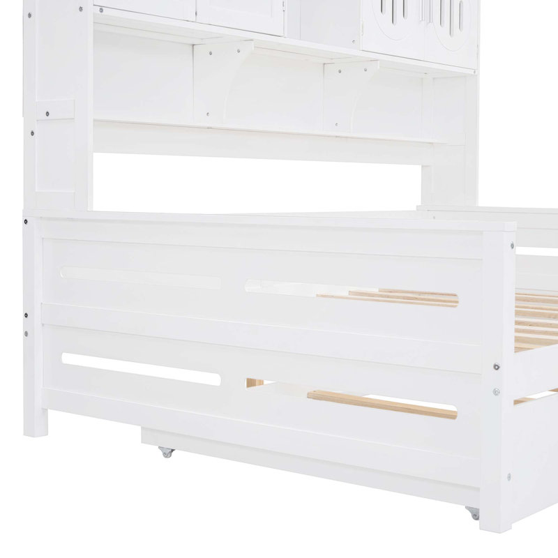 Lit de jour en bois avec lit gigogne, armoire et tablette tout-en-un, Blanc, Lit double