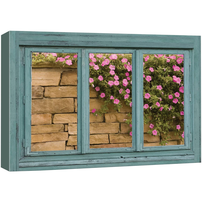 «Window View Of Window View Of Brick Wall & Pink Flowers Nature Images Rustic Landscape Vibrant» sur toile, H 32 po x l 48 po