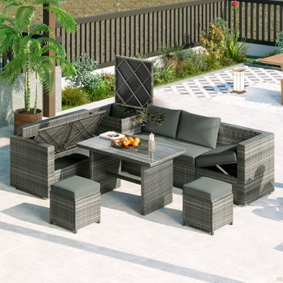 Outdoor 6-Piece All Weather PE Rattan Sofa Set, Garden Patio Wicker Sectional Furniture Set With Adjustable Seat