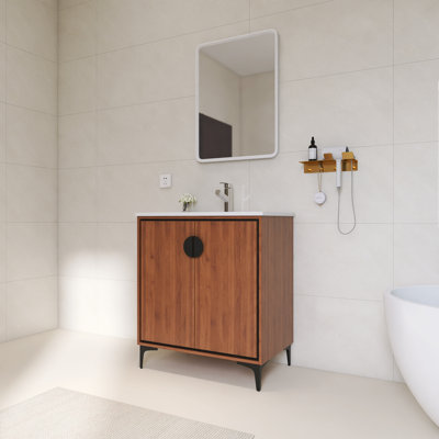 Lavabo de salle de bain simple autoportant 30 po Abelardo, lavabo en céramique blanche, 2 portes à fermeture douce