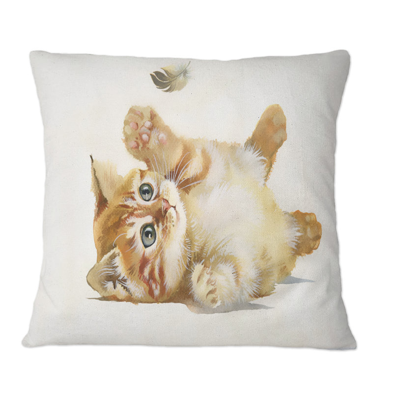 Petit chaton orange avec plume - coussin décoratif imprimé traditionnel, 16 po x 16 po