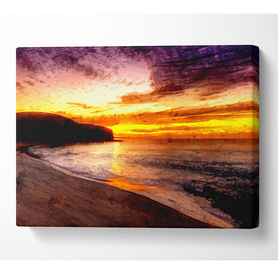 Atemberaubender Meeresstrand bei Sonnenuntergang Leinwand Aquarell