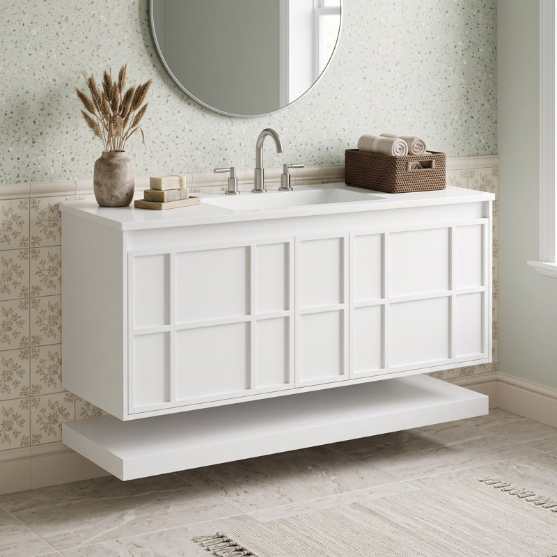 Meuble-lavabo mural moderne avec lavabo composite, design suspendu, tiroirs de rangement et tablette ouverte