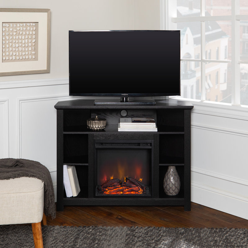 Kneeland 44" Corner TV Stand with Electric Fireplace Included, Black