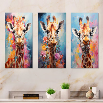 Popart Art girafe multicolore - ensemble de 3 reproductions d'art en métal girafe