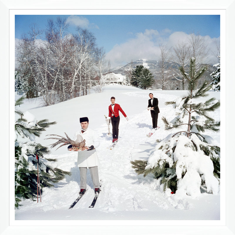 Skiing Waiters Print by Slim Aarons, 36" H x 36" W x 1.5" D, White Single Picture Framed