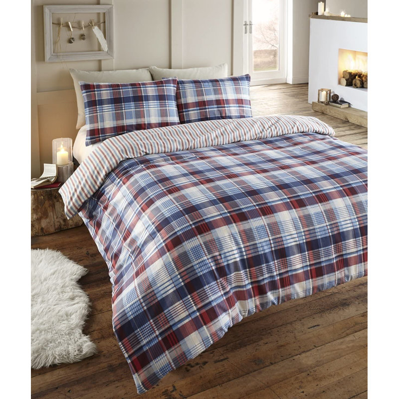 Princeville Brushed Cotton Tartan Check Duvet Cover Set, Super King Duvet Cover + 2 Standard Pillowcases, Navy