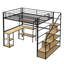 Lit mezzanine double en métal avec escalier, bureau intégré et tablettes, noir