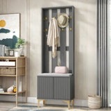 Trimble With Cushion, Versatile Coat Rack With 8 Gold Hooks And Legs, Entryway Bench With Adjustable Shelves & Fluted Doors