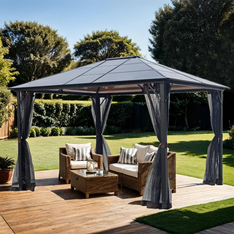 10x12 Hardtop Metal Gazebo with Mosquito Nets,Galvanized Steel Frame and Polycarbonate Roofing